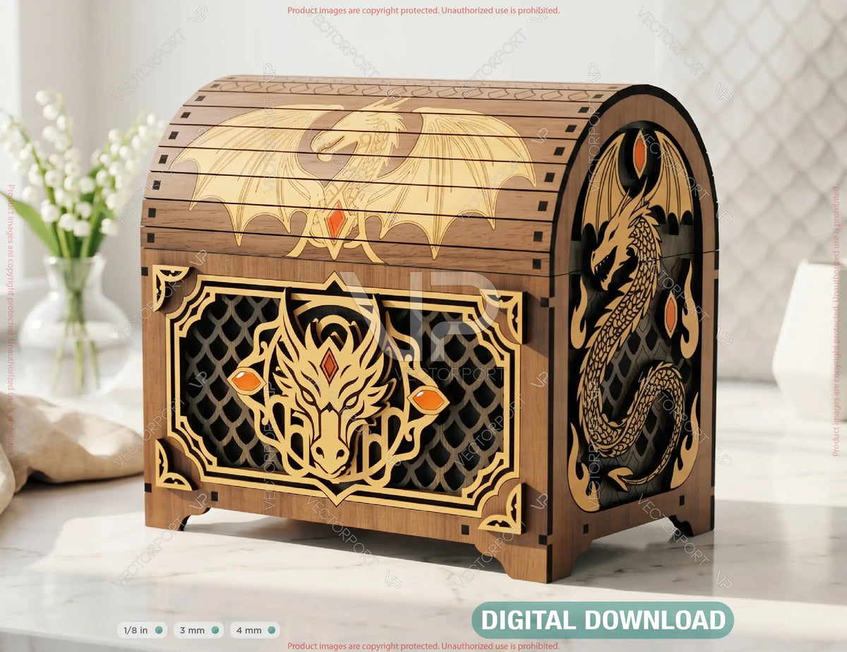 Dragon Wooden Box, Laser Cut Treasure Chest, Fantasy Dragon Gift Box Wooden Keepsake Box Digital Download |#U714|