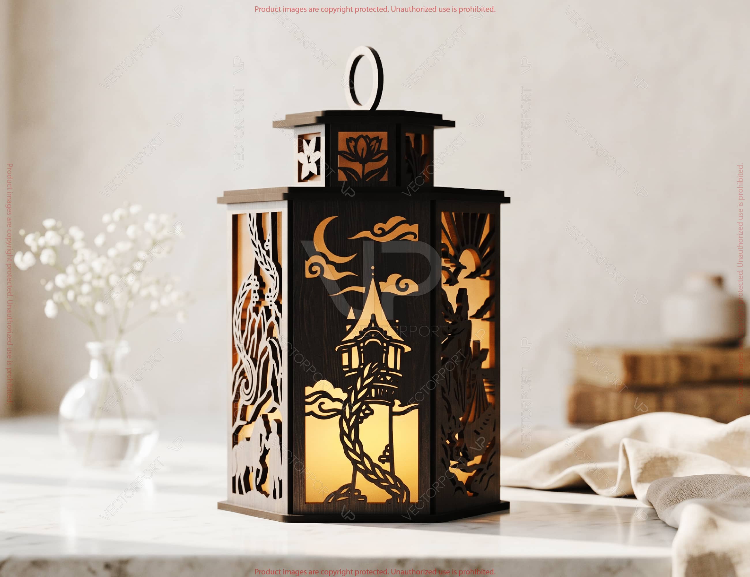 Enchanted Tower Lantern SVG | Fairy Tale Silhouette Candle Holder | Magical Hair Story Light Box | Laser Cut Digital Download |#U715|