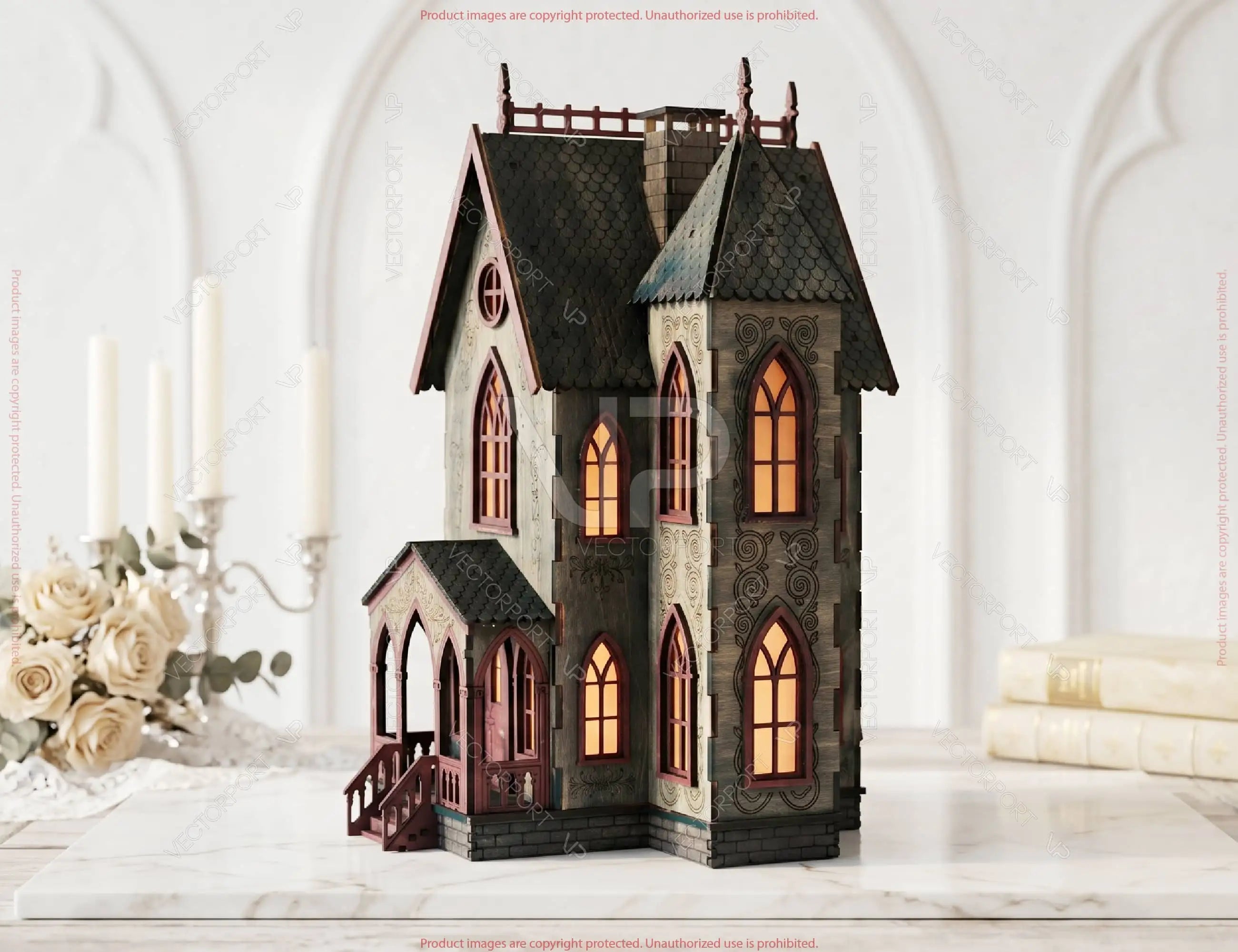 Gothic Haunted House Lantern SVG – Laser Cut Victorian House – Layered Wooden Luminary Digital Download |#U716| VectorPort