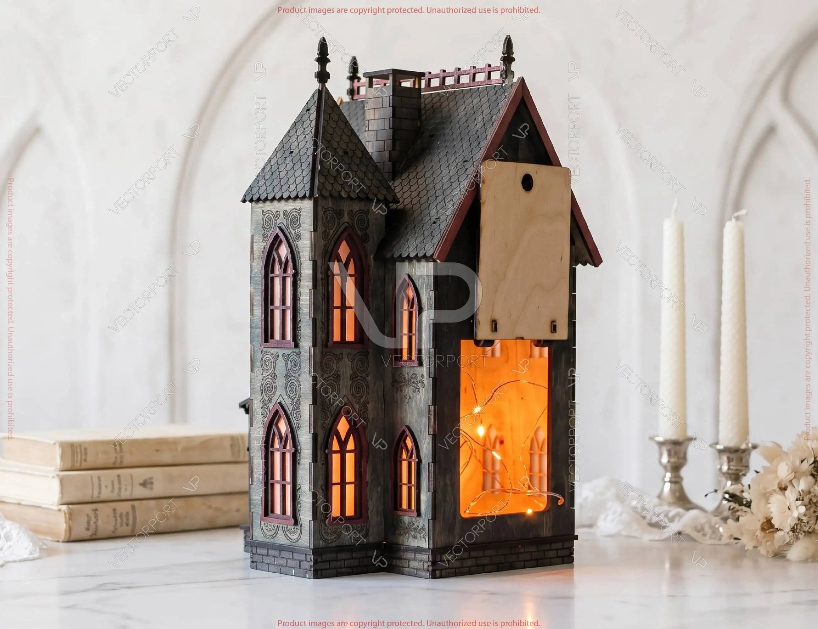 Gothic Haunted House Lantern SVG – Laser Cut Victorian House – Layered Wooden Luminary Digital Download |#U716| VectorPort