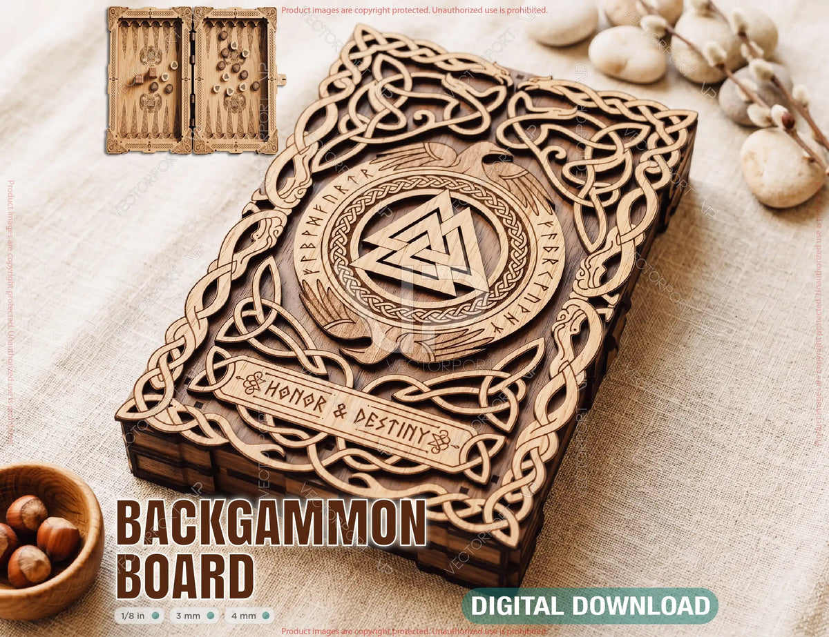 Viking Backgammon Set SVG | Norse Tavla Board Game Box Laser Cut Folding Game Case Dice Digital Download |#U718| VectorPort