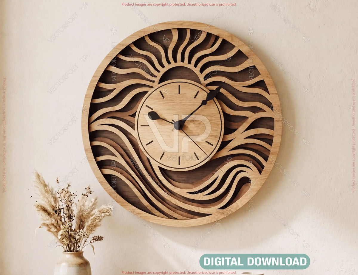 Modern Wooden Wall Clock SVG | Layered Laser Cut Clock File | Abstract Wave Clock Design Digital Download |#U719|