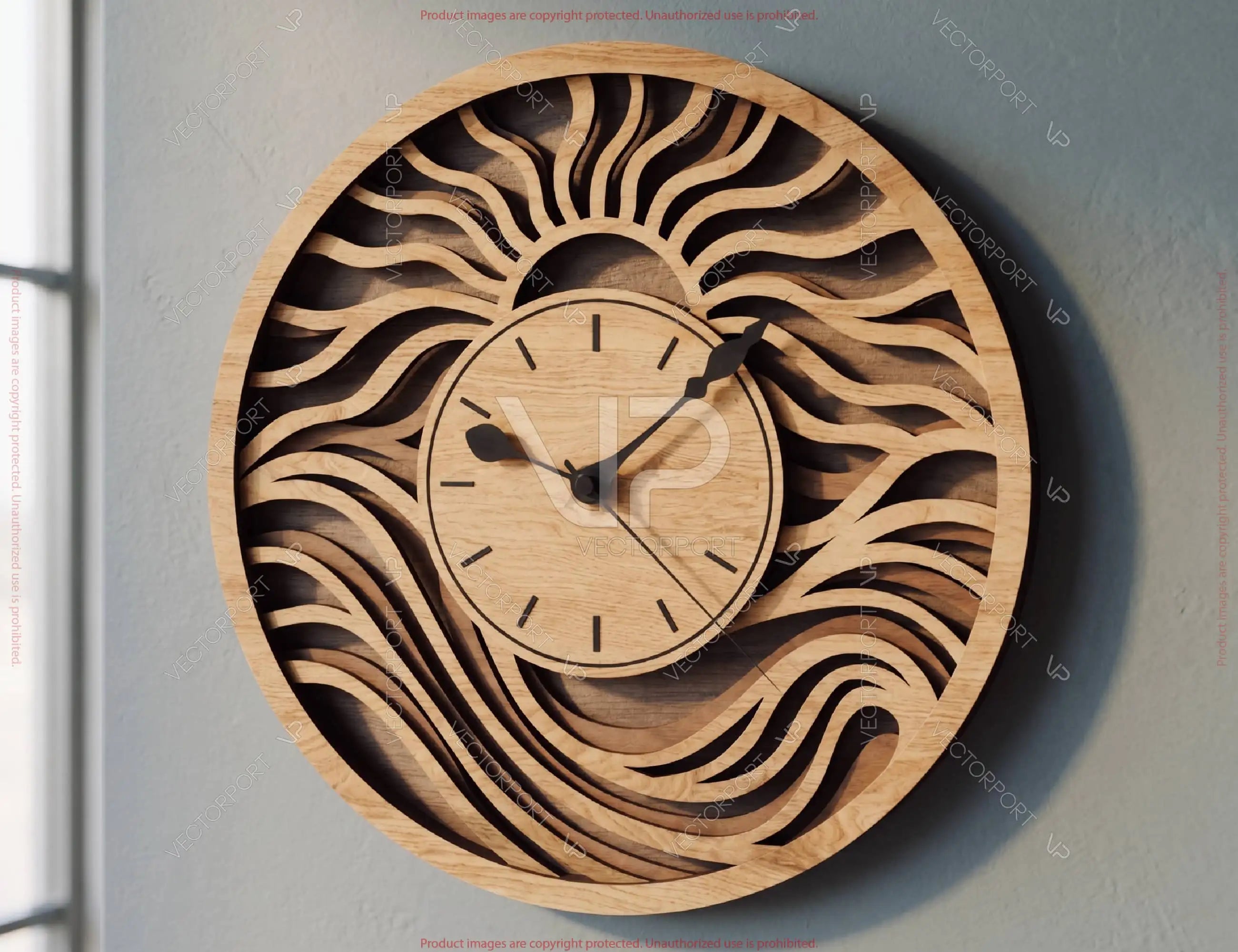 Modern Wooden Wall Clock SVG | Layered Laser Cut Clock File | Abstract Wave Clock Design Digital Download |#U719|