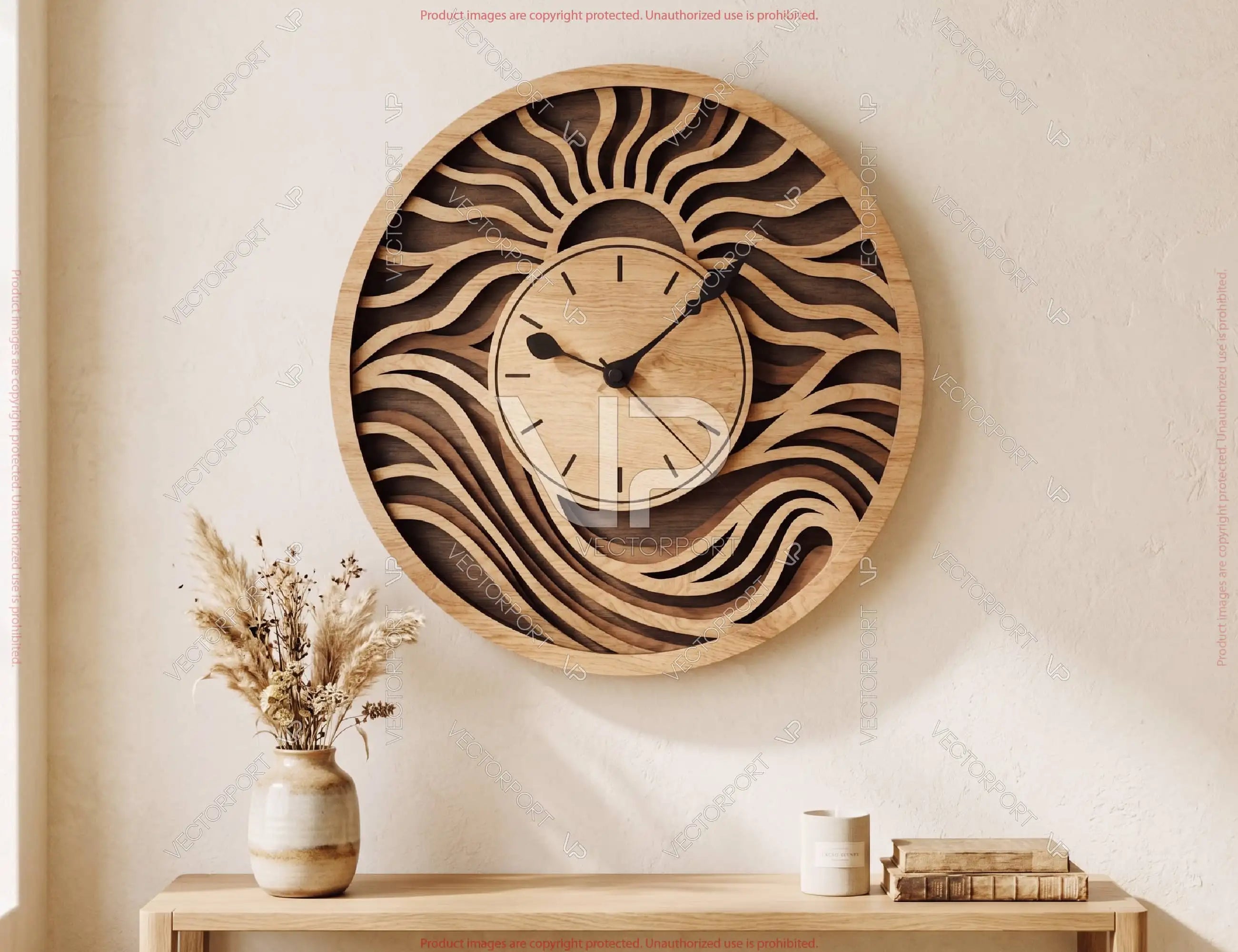 Modern Wooden Wall Clock SVG | Layered Laser Cut Clock File | Abstract Wave Clock Design Digital Download |#U719|
