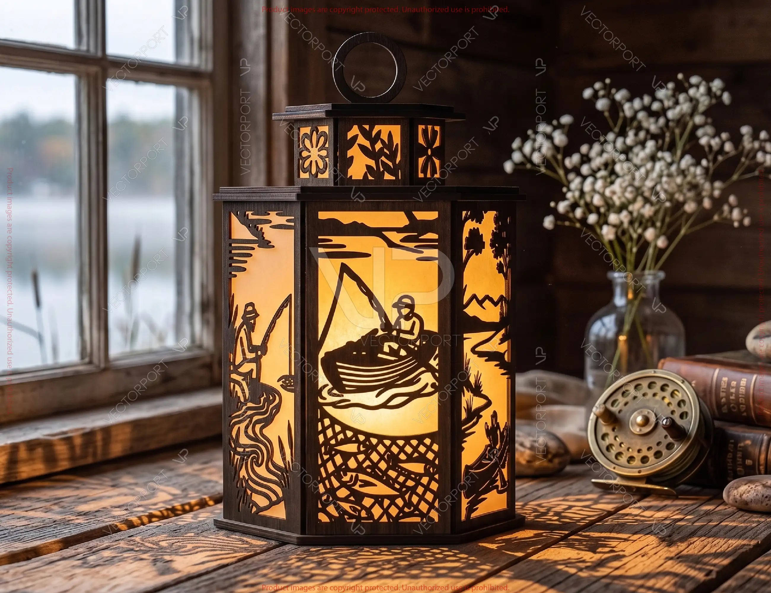 Fisherman's Lake Lantern SVG | Fishing Silhouette Candle Holder Digital Download |#U731| VectorPort