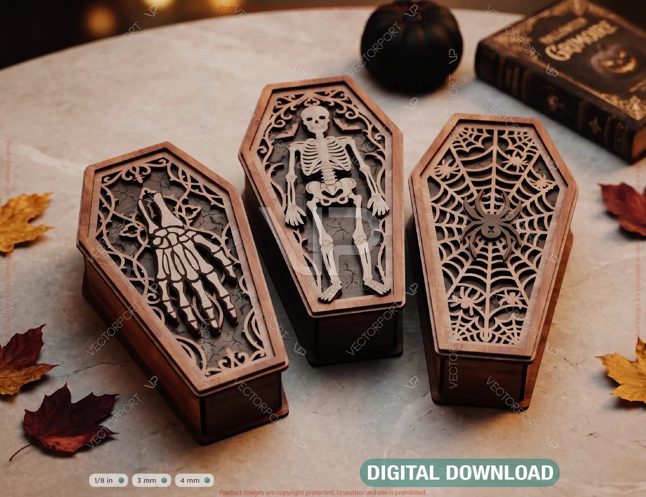 Gothic Coffin Halloween Wooden Keepsake Box Laser Cut Bundle SVG Skeleton, Spider Web Digital Download |#U738| VectorPort