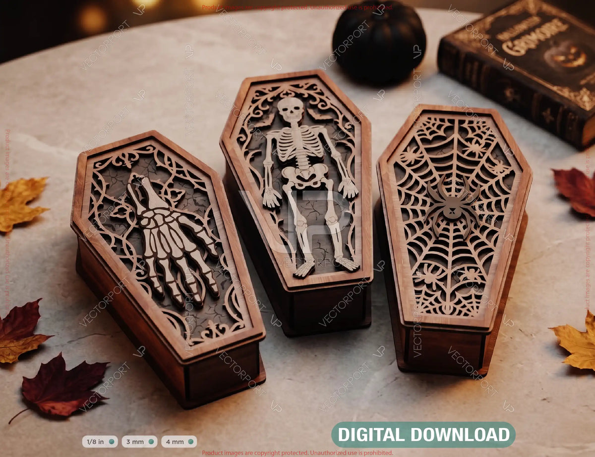 Gothic Coffin Halloween Wooden Keepsake Box Laser Cut Bundle SVG Skeleton, Spider Web Digital Download |#U738| VectorPort