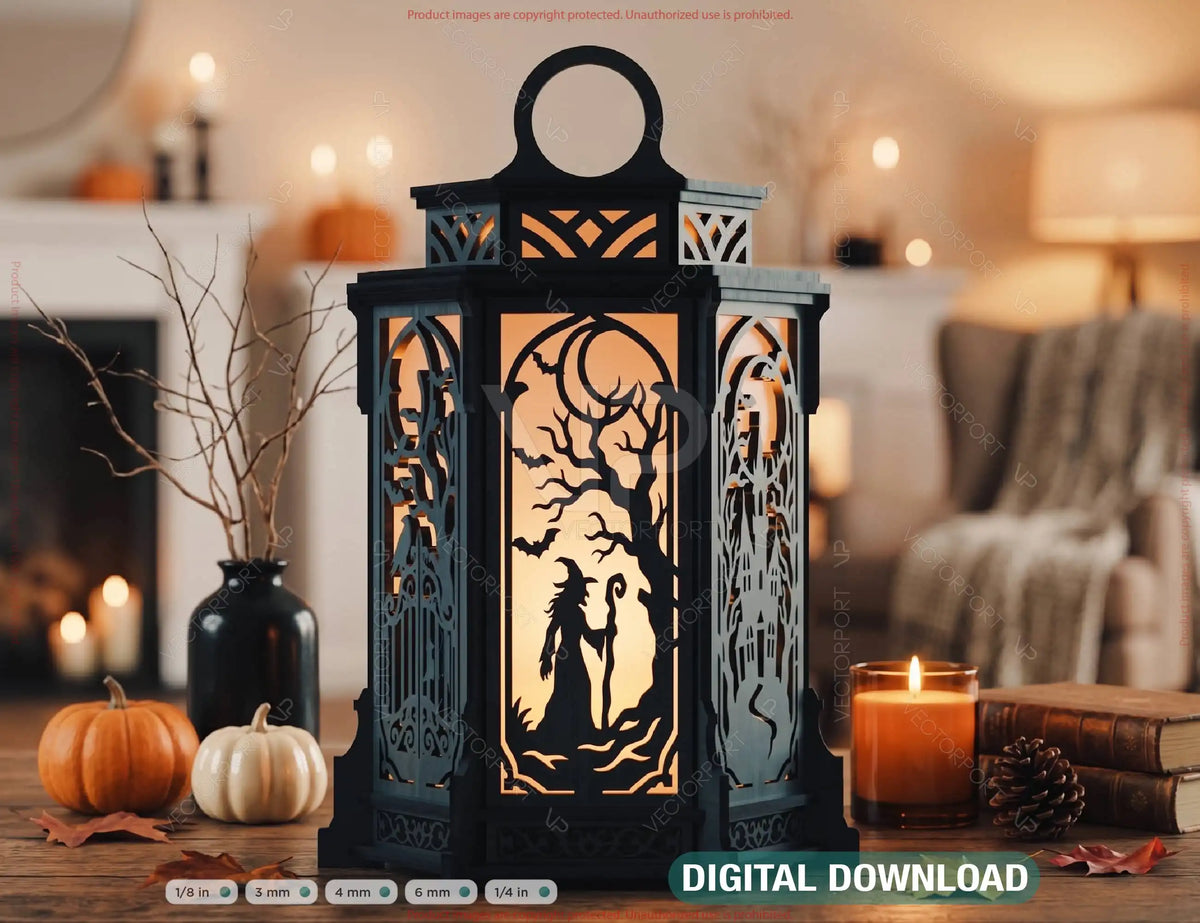 Halloween Silhouette Lantern | Intricate Spooky Witch, Haunted House Digital Download |#U739| VectorPort