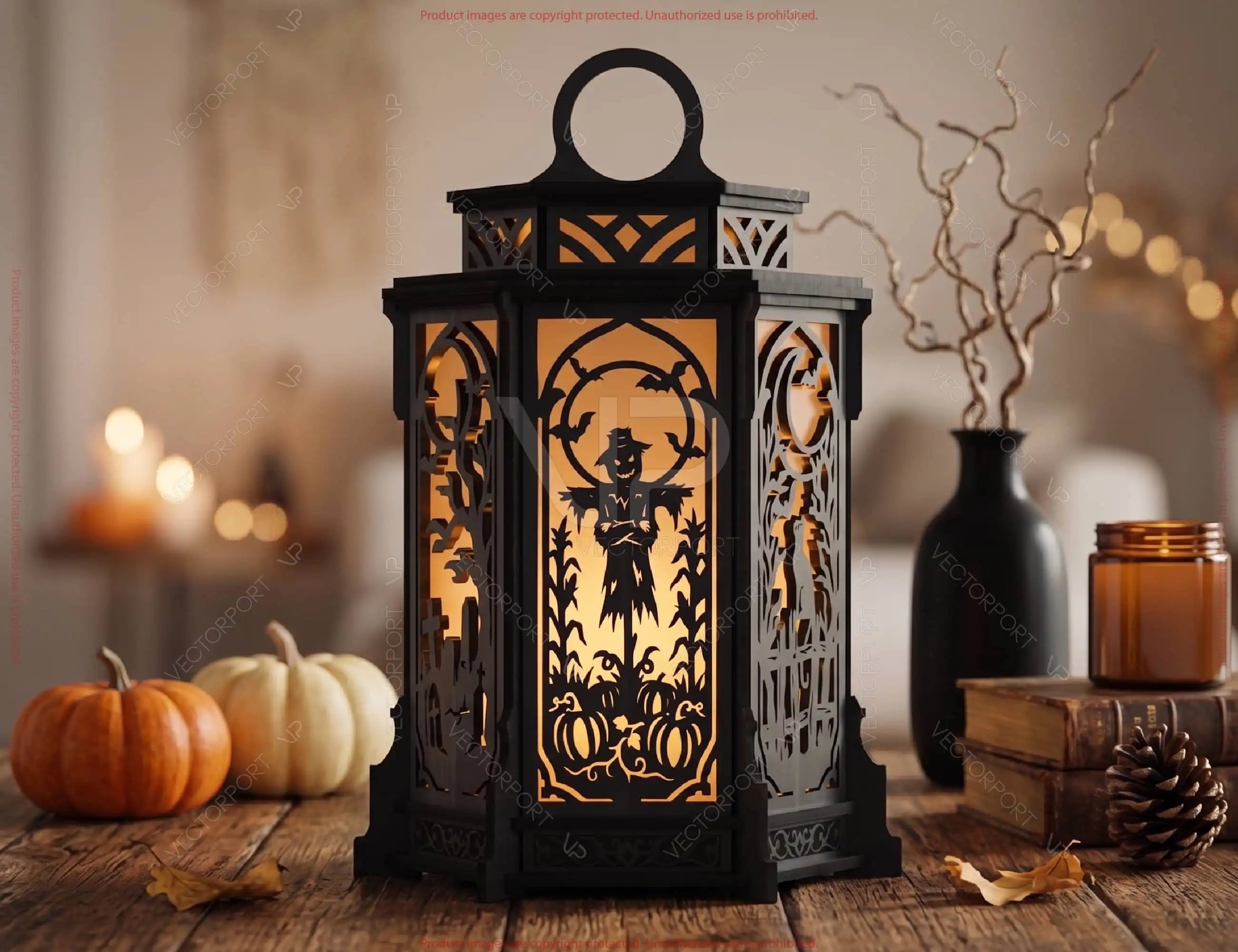 Halloween Silhouette Lantern | Intricate Spooky Witch, Haunted House Digital Download |#U739| VectorPort