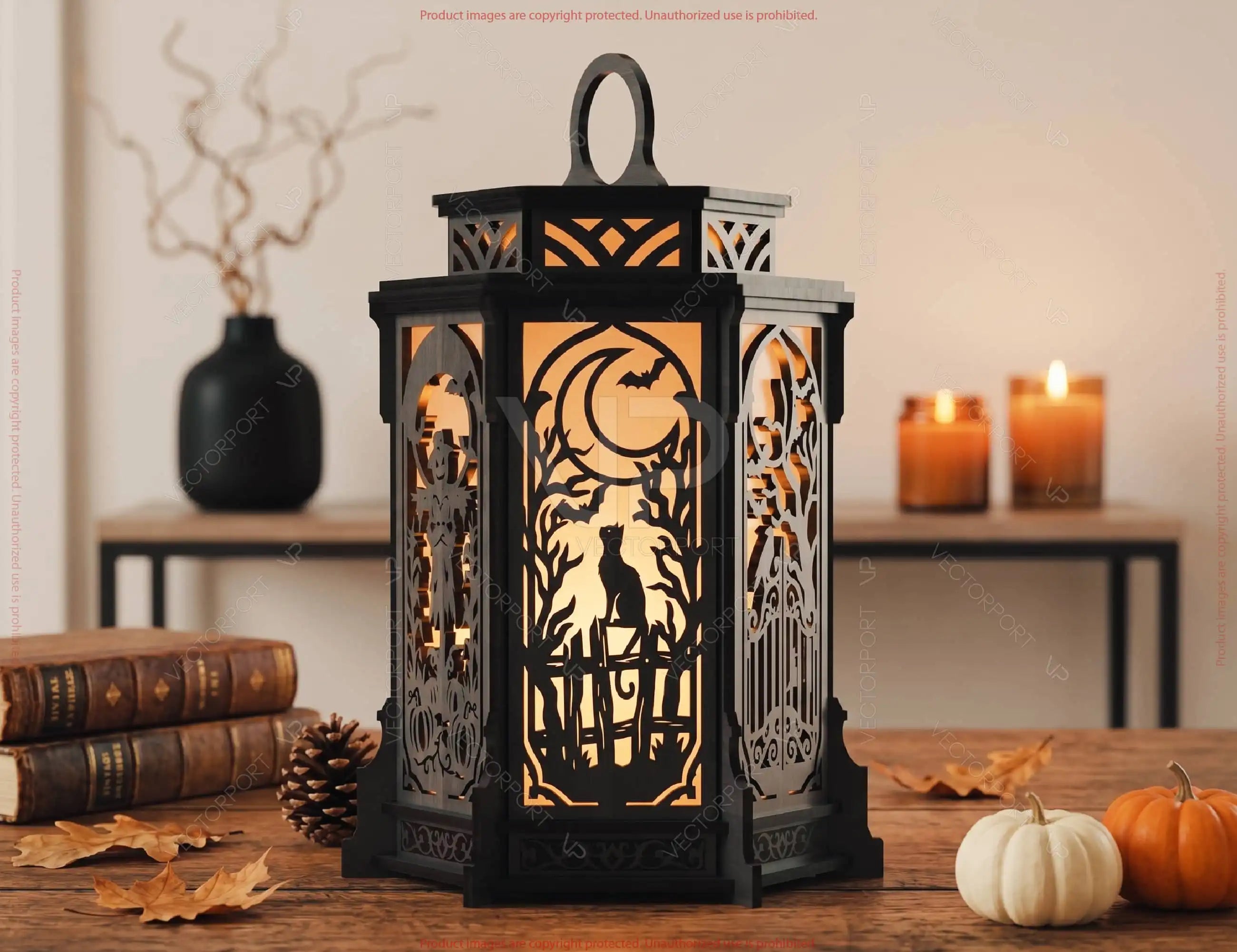 Halloween Silhouette Lantern | Intricate Spooky Witch, Haunted House Digital Download |#U739| VectorPort