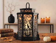 Halloween Silhouette Lantern | Intricate Spooky Witch, Haunted House Digital Download |#U739| VectorPort