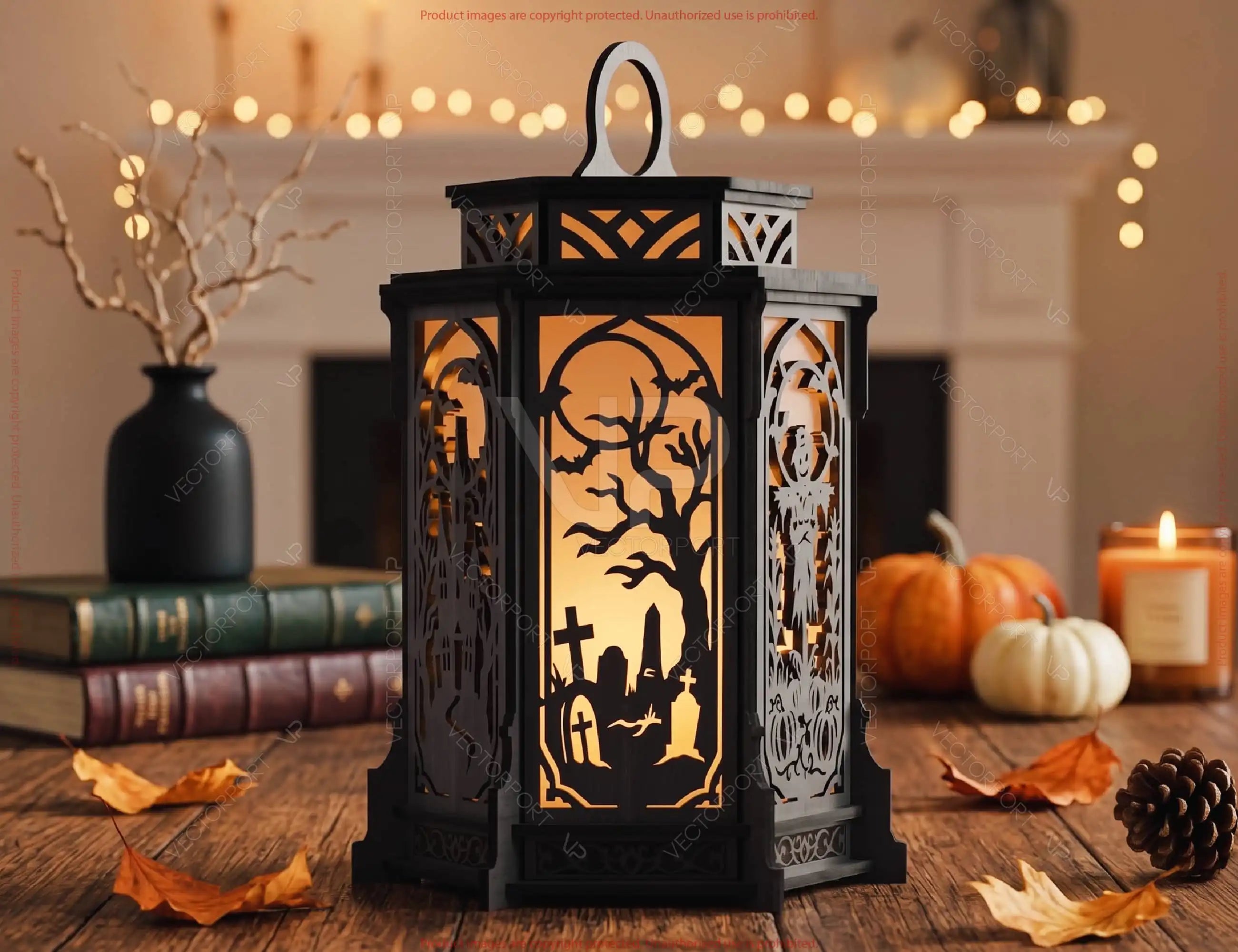 Halloween Silhouette Lantern | Intricate Spooky Witch, Haunted House Digital Download |#U739| VectorPort