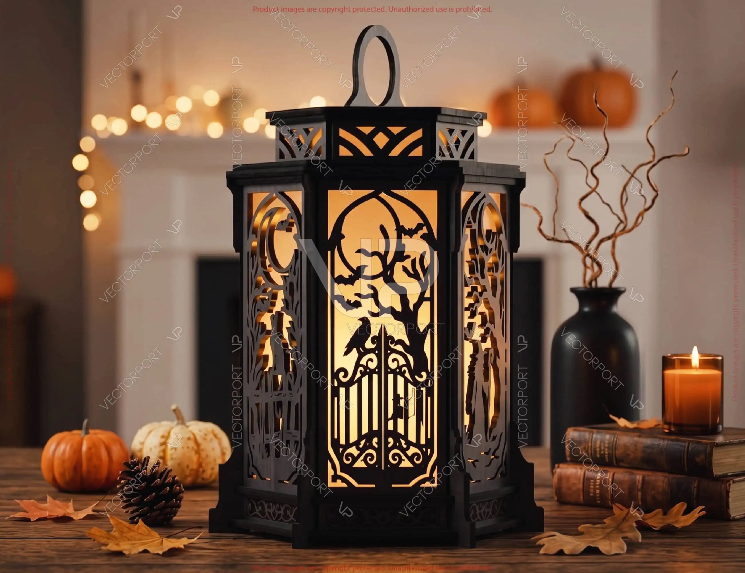 Halloween Silhouette Lantern | Intricate Spooky Witch, Haunted House Digital Download |#U739| VectorPort