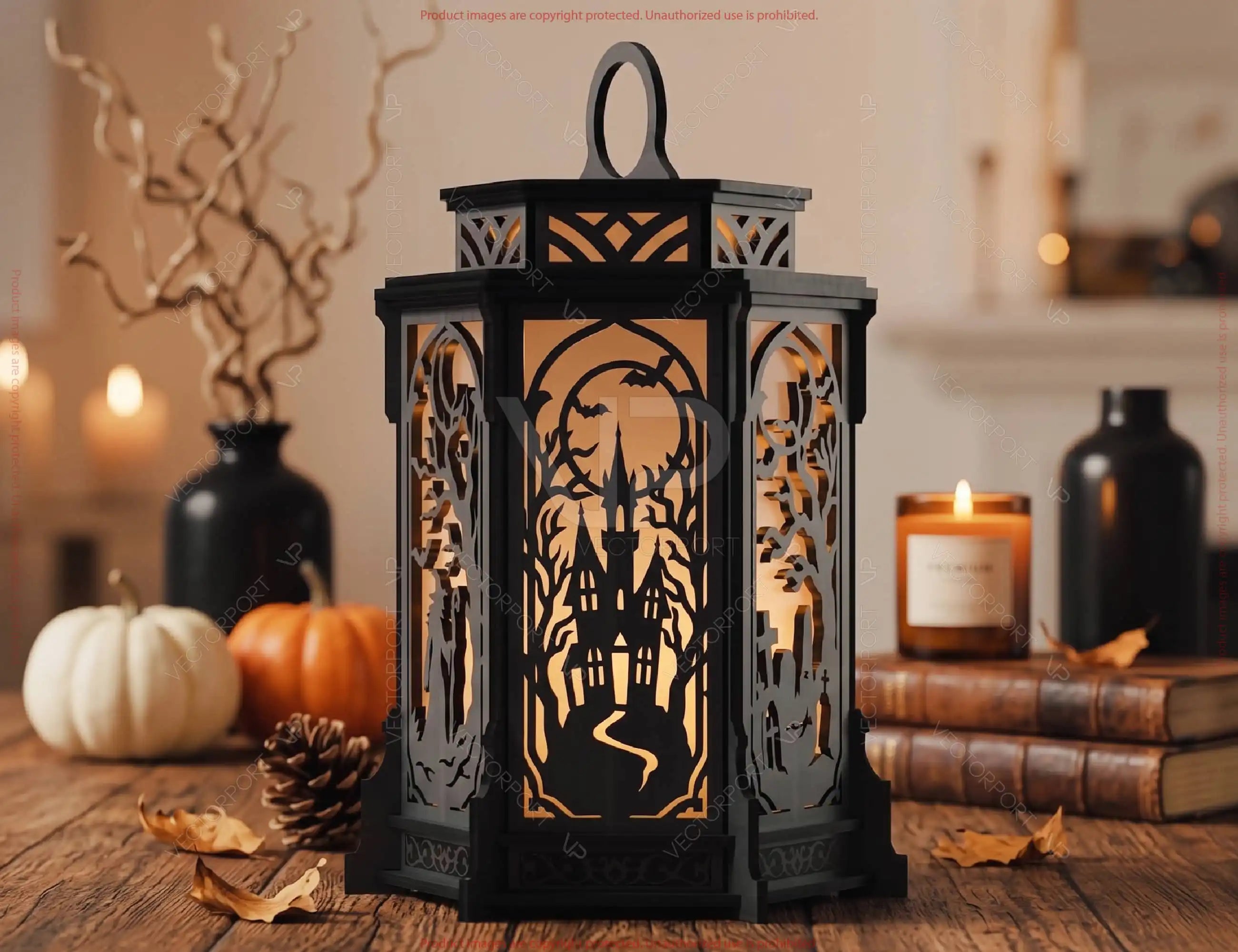 Halloween Silhouette Lantern | Intricate Spooky Witch, Haunted House Digital Download |#U739| VectorPort