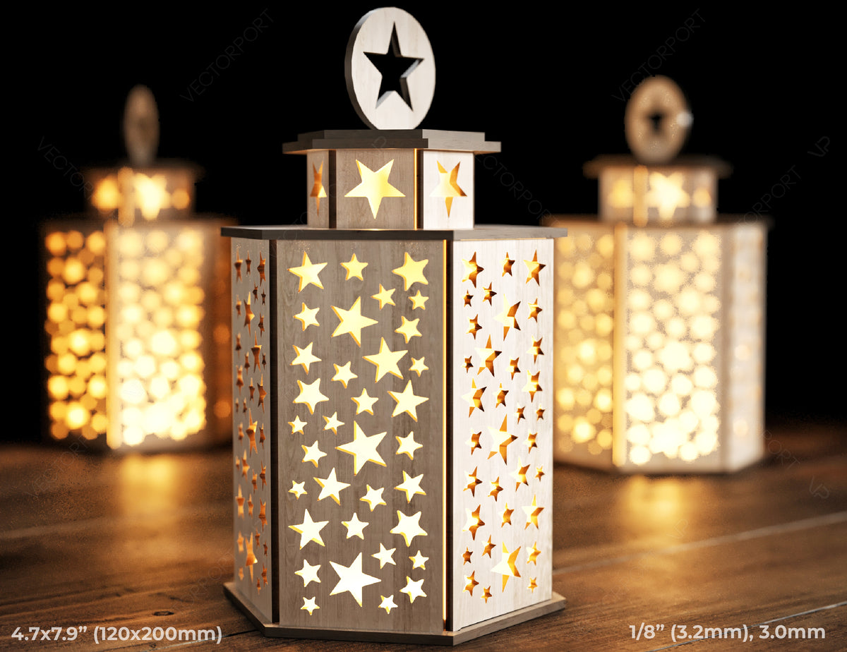 Wooden Decorative Lantern Laser  Cut with star Shape Night Light 3D Laser Cutting opener door Lampshade Table Candle Holder Tea light | SVG, DXF, AI |#107|