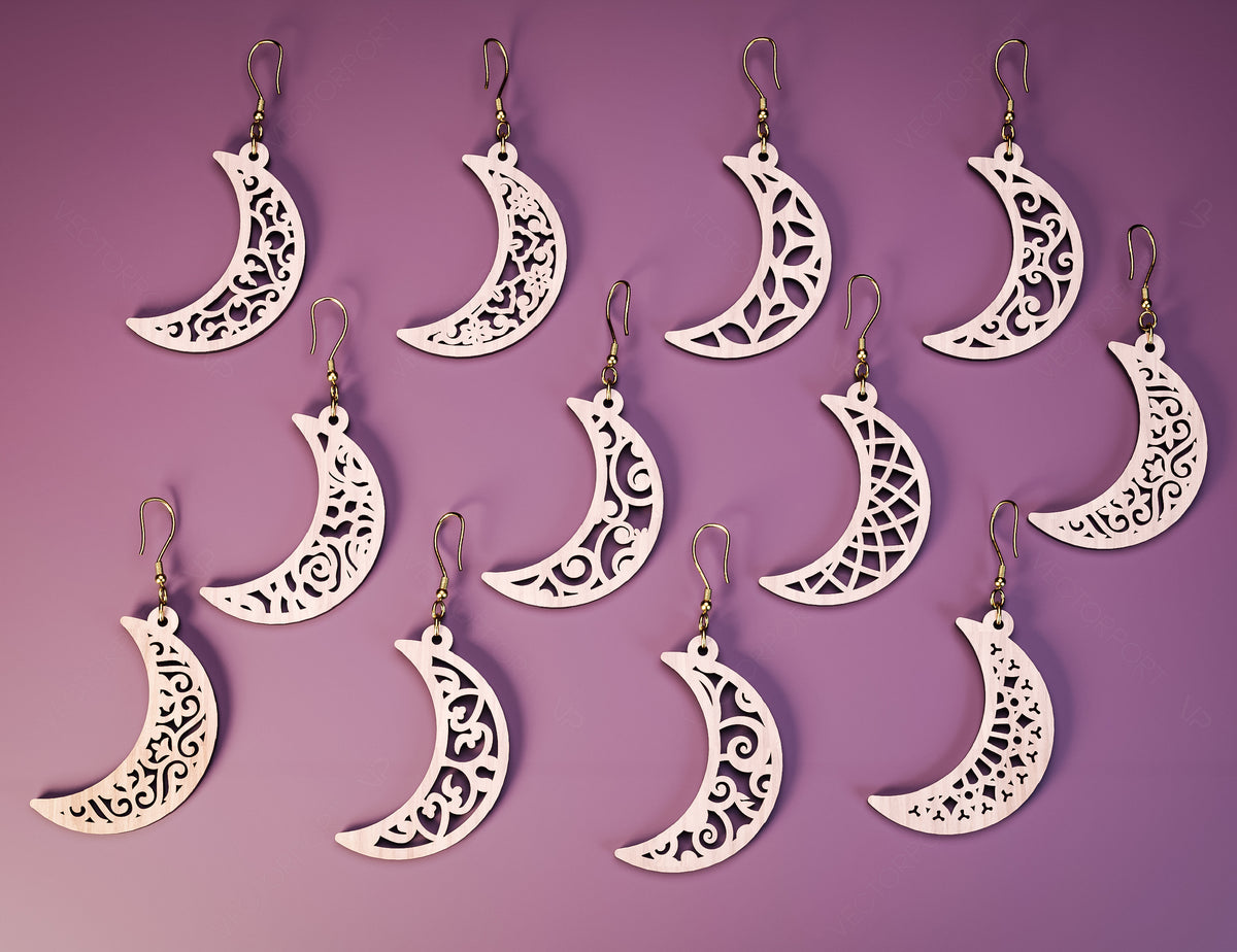 12 Floral Crescent Earrings Moon Earring bundle Laser Cut for Women Jewelry Wooden Glowforge Pendants | SVG, DXF, AI |#123|