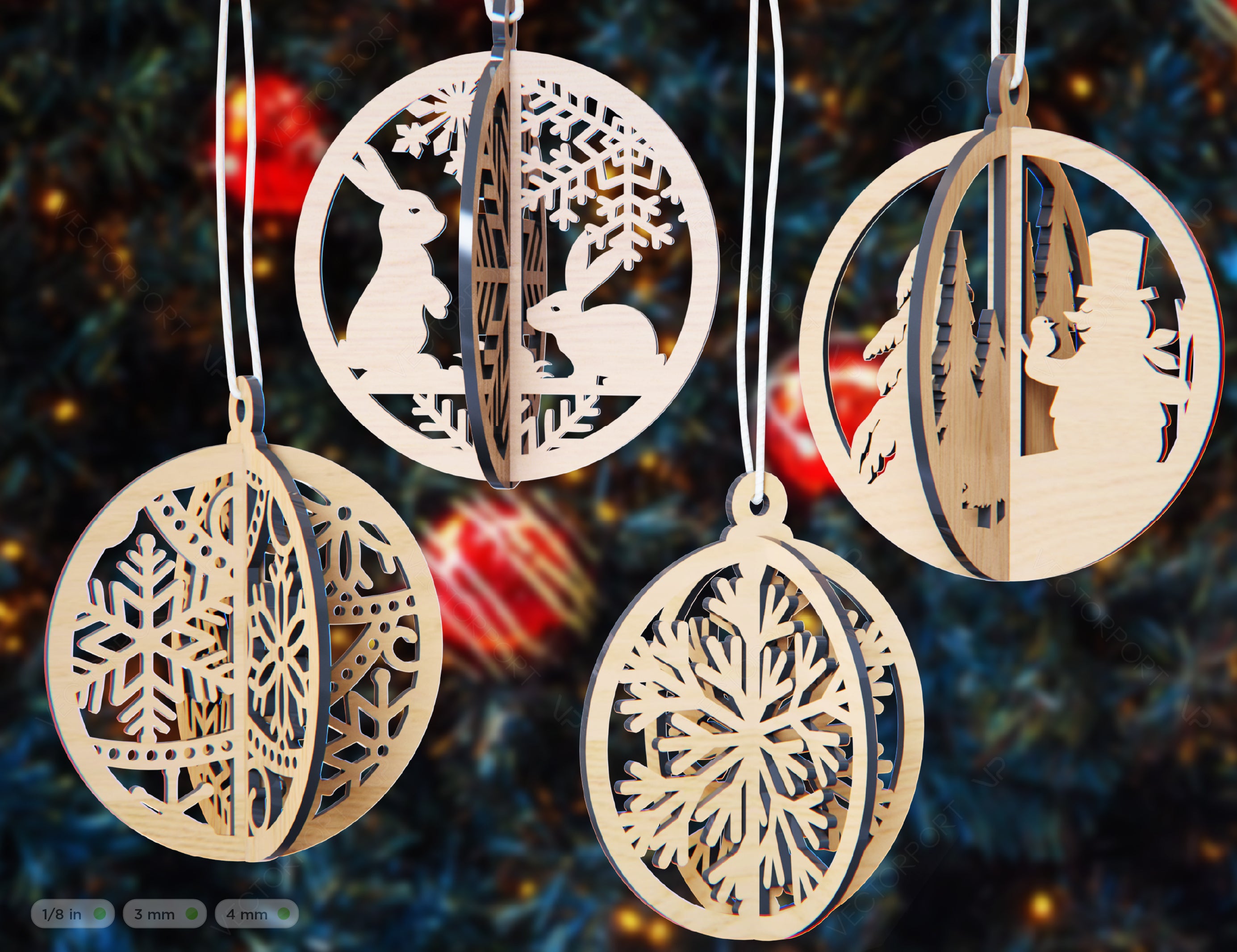 New Year 2023 Tree Bauble Wood 3D Laser Cut Christmas Ball Ornament Ro ...