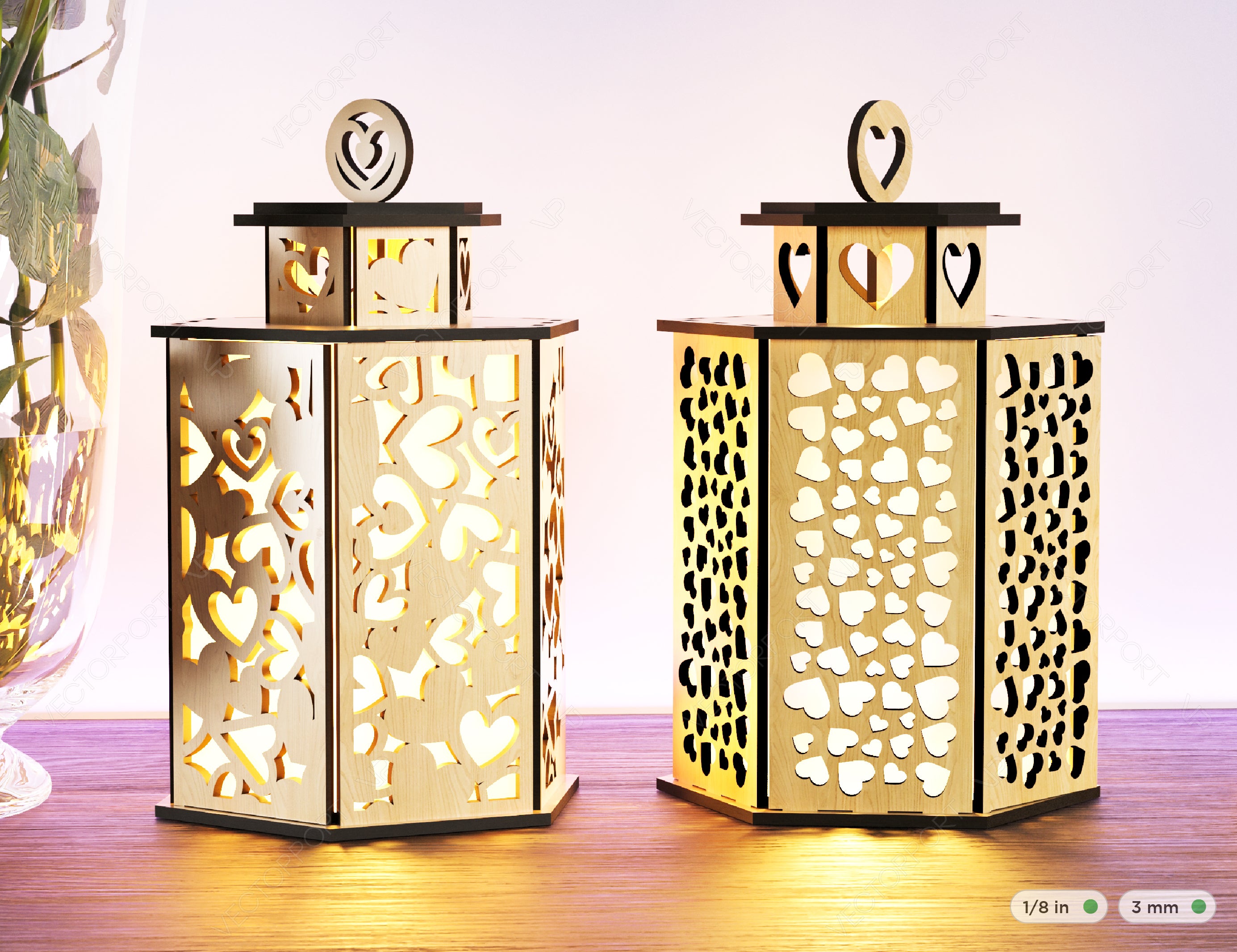Wooden Decorative Lantern Laser  Cut Heart shape Night Light 3D Laser Cutting opener Lampshade Table Candle Holder | SVG, DXF, AI |#137|