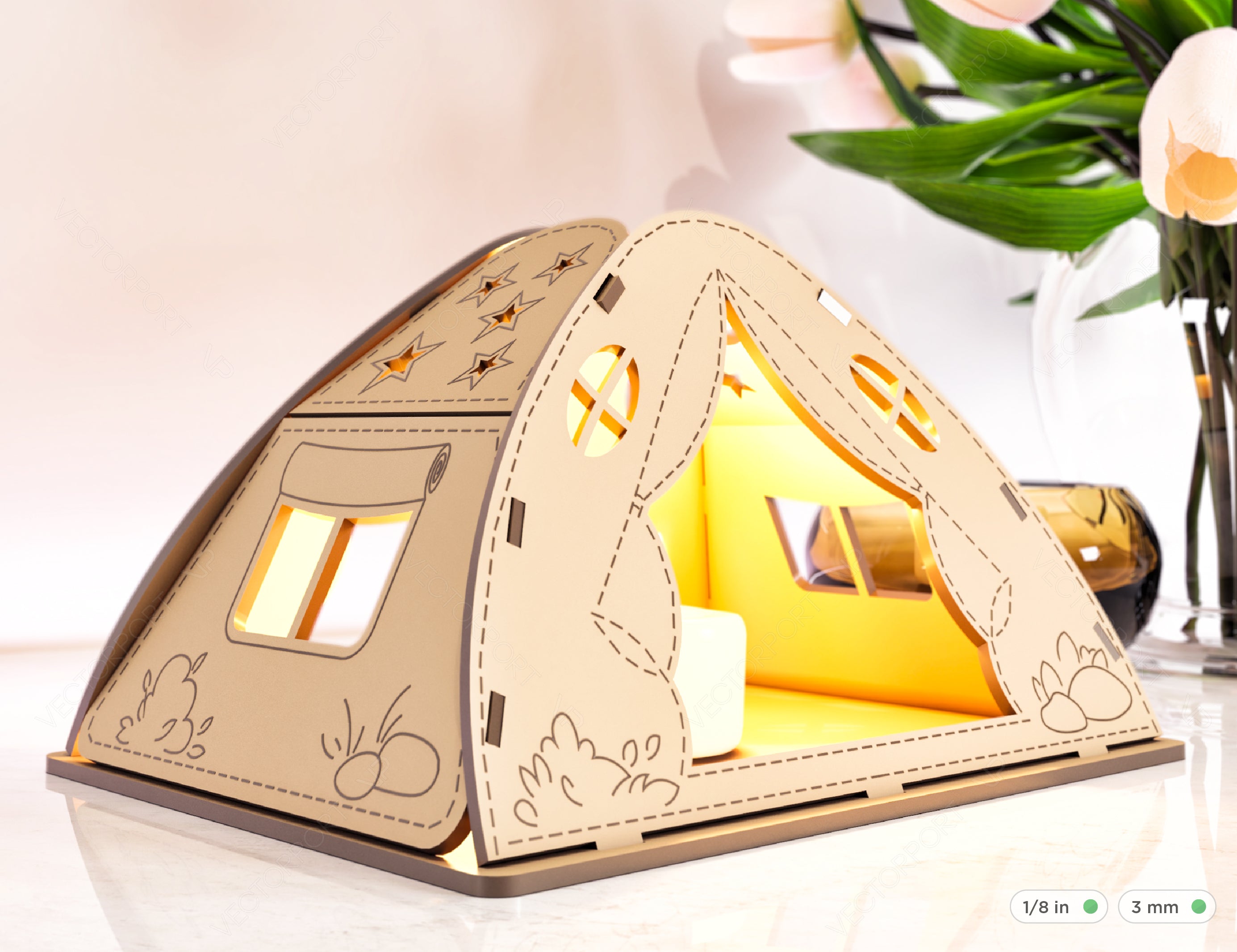 Wooden Tent Shape Laser Cut Night Light Lamp Mdf Laser Cutting Camping Tent Home Lampshade Table Candle Holder Tea light SVG |#158|