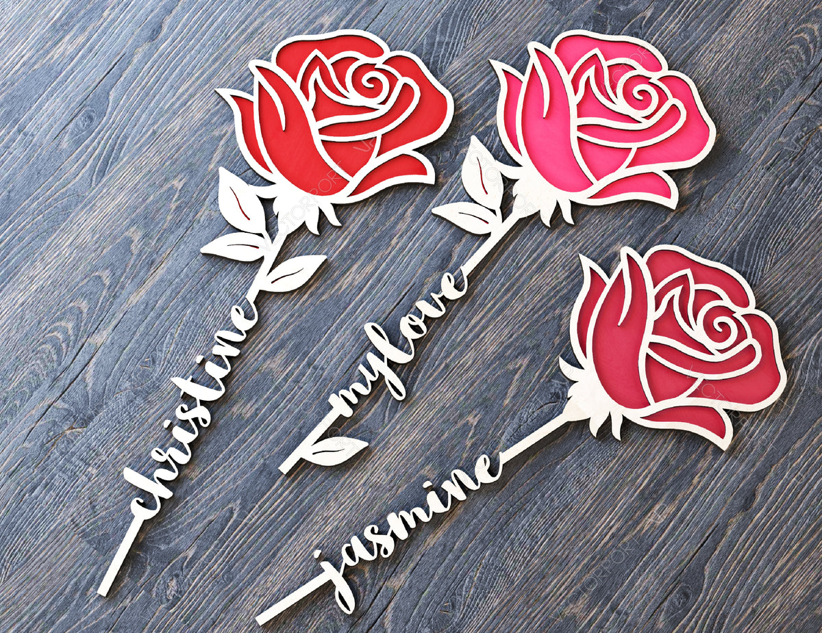Rose Flower Laser Cut Out Art Valentine Day Acrylic wood Personalized Flower with name editable Cut Files Digital Product |#U178|