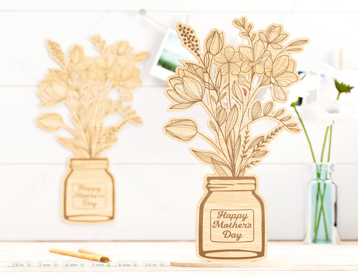 Personalized Standing Pot Flowers for Mom, Mother’s day gift laser cut SVG plan, Customizable Engraving Diy gift Digital Download |#187|