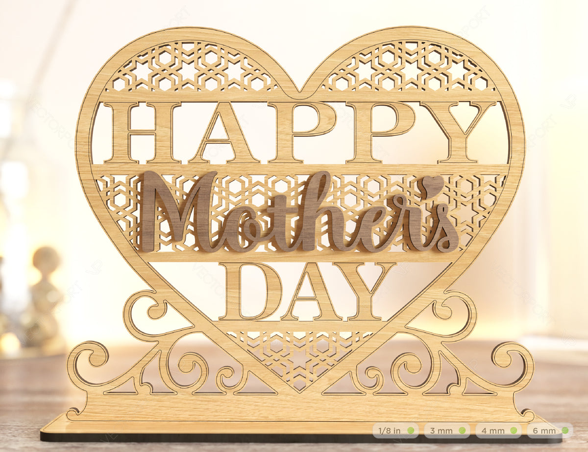 Standing Heart Shape Happy Mother’s Day Gift for Mom, Mother’s day gift laser cut SVG plan, Diy gift Digital Download |#192|